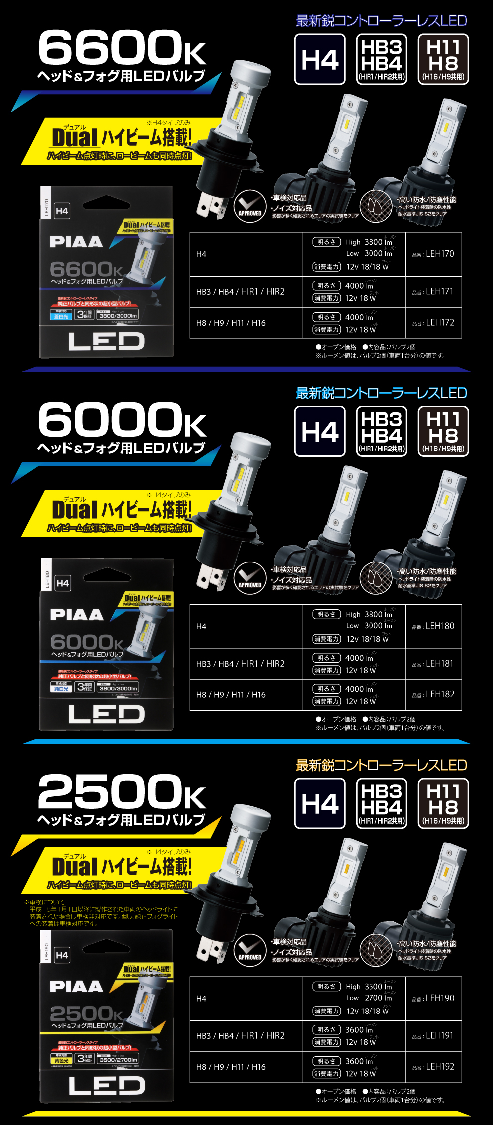 H11ＰＩＡＡ　ヘッド\u0026フォグ用ＬＥＤバルブ　2500K   H8  H11